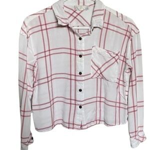 Pink Rose Plaid Cropped Button Down Shirt Women’s Large Pink & White